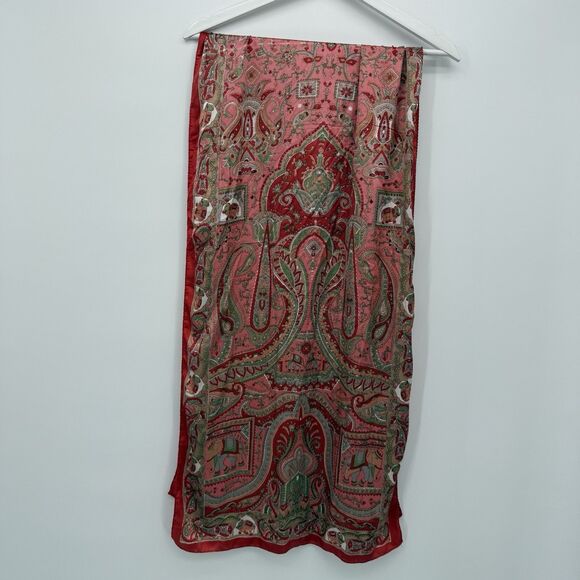 Unbranded Red Multi Pattern Paisley Elephant Satin Long Rectangle Scarf Textile - Picture 1 of 9